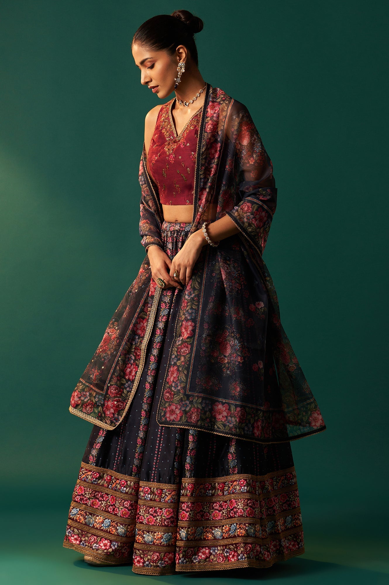 Maroon Floral Printed Sequined Chanderi Blouse with Navy Flared Skirt and Dupatta Set