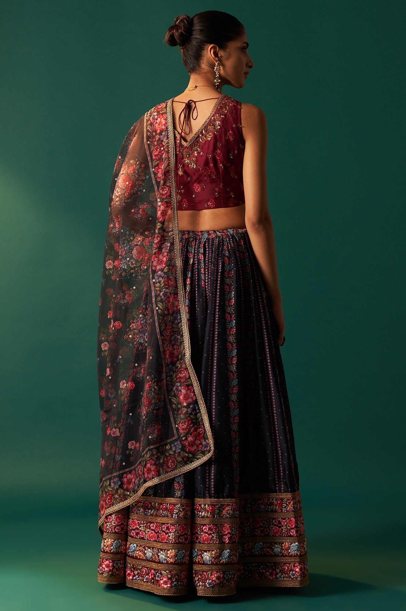 Maroon Floral Printed Sequined Chanderi Blouse with Navy Flared Skirt and Dupatta Set