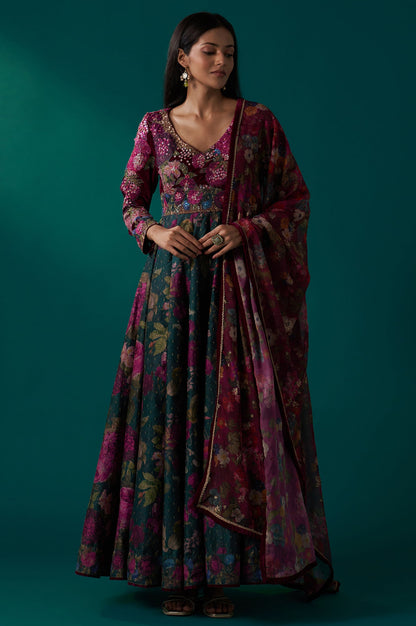 Green Floral Printed Sequined Yoke Festive Anarkali Dress with Churidar and Dupatta Set