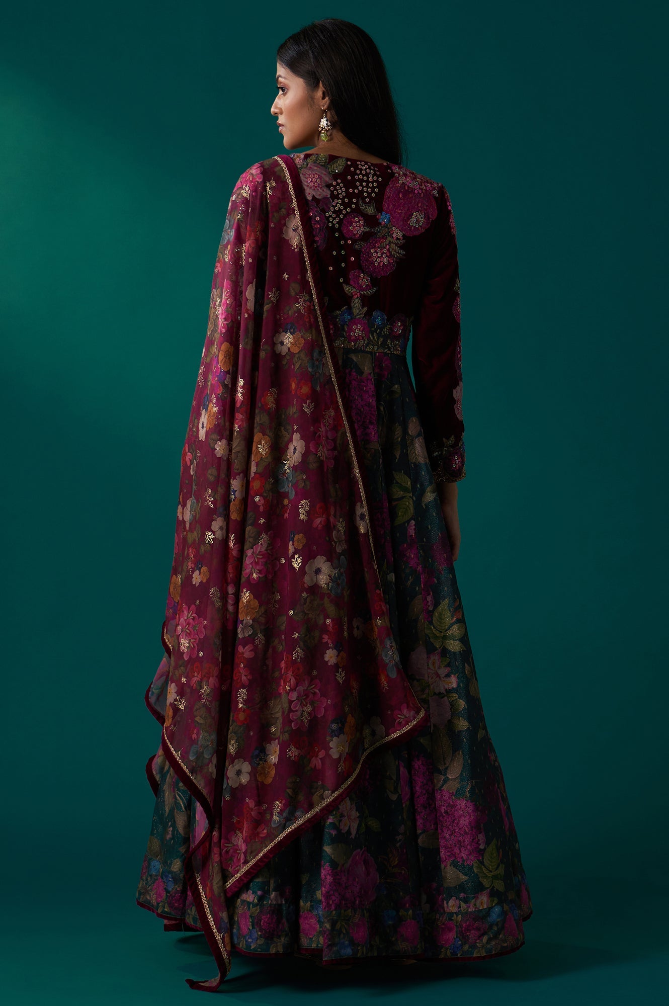 Green Floral Printed Sequined Yoke Festive Anarkali Dress with Churidar and Dupatta Set