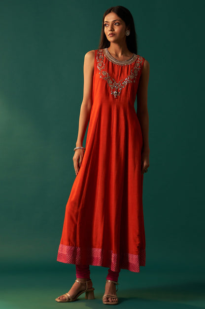 Orange Embroidered Flared Shantung Dress with Jacket Set