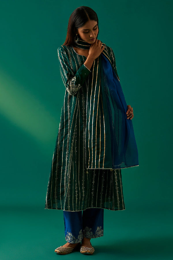 Green Striped Embroidered Angrakha Rayon Kurta with Trouser and Dupatta Set