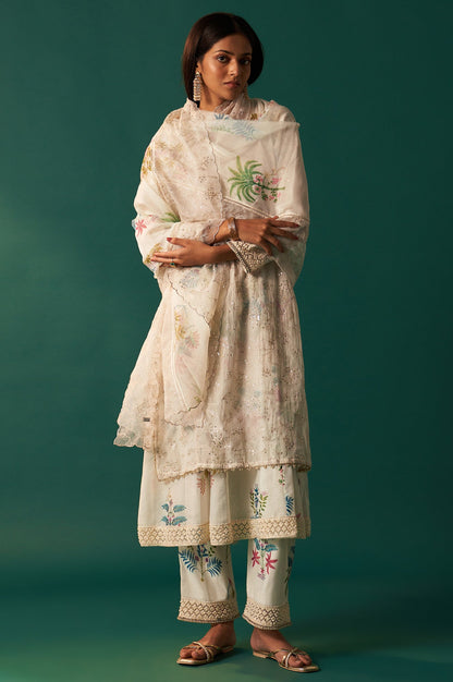 White Floral Printed and Embroidered Layered Cotton Blend Kurta with Pant and Dupatta Set