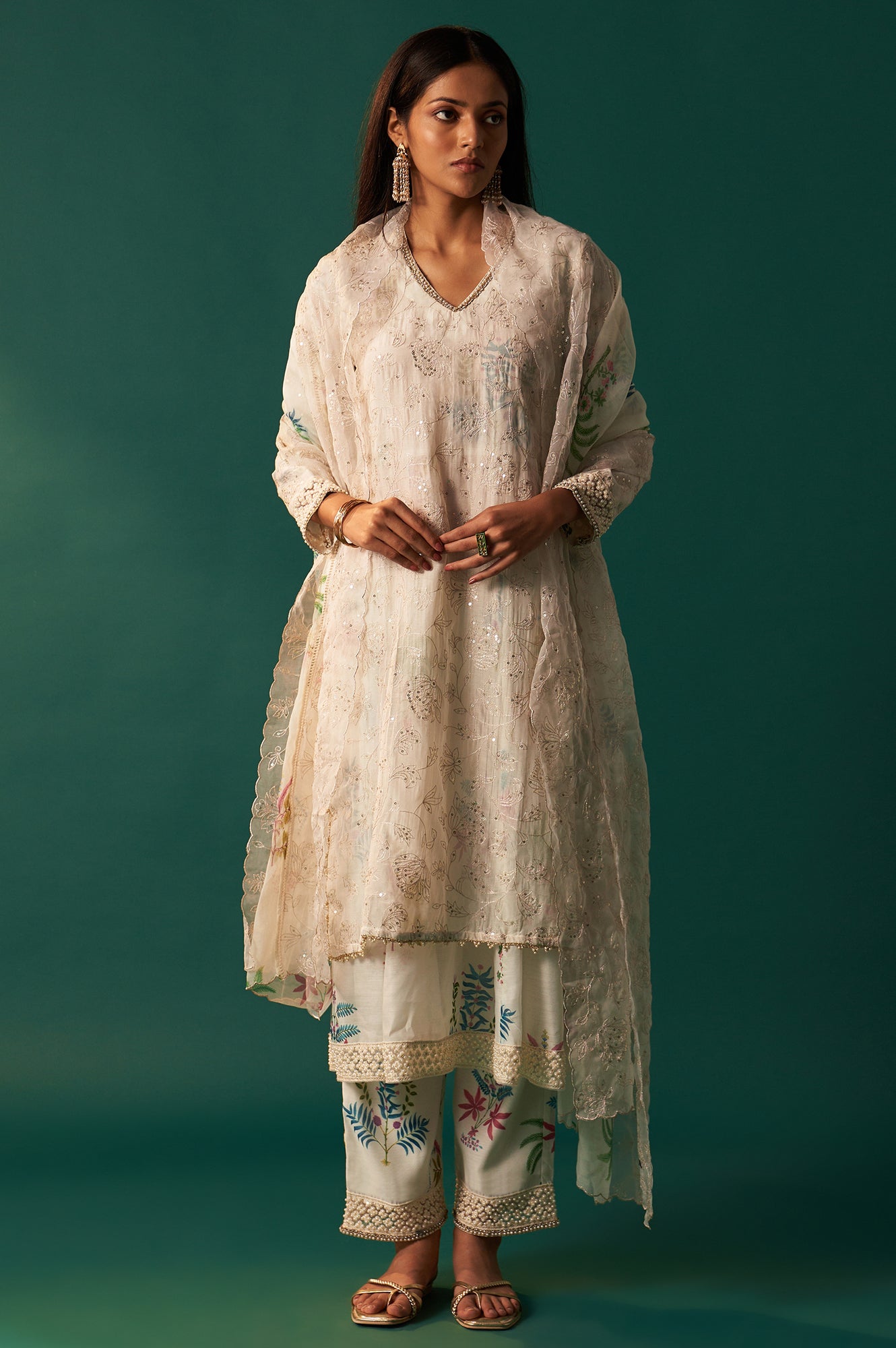 White Floral Printed and Embroidered Layered Cotton Blend Kurta with Pant and Dupatta Set
