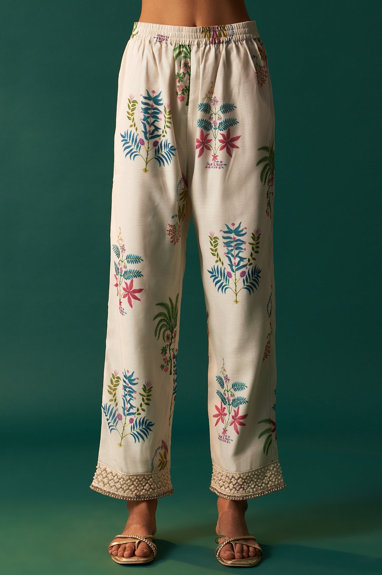 White Floral Printed and Embroidered Layered Cotton Blend Kurta with Pant and Dupatta Set