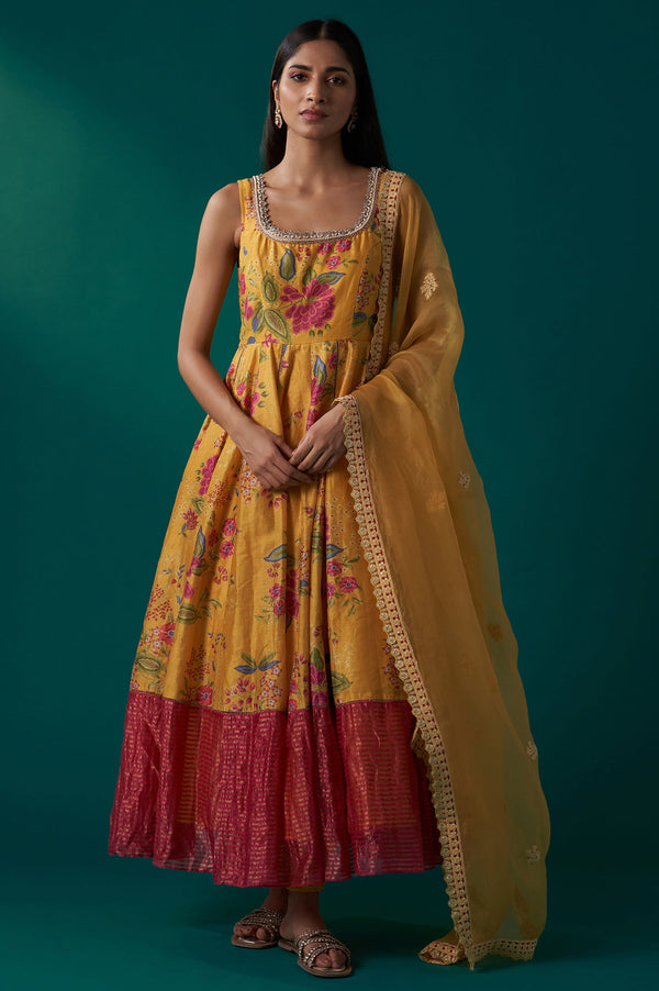 Yellow Floral Print Embroidered Anarkali Tissue Kurta with Churidar and Dupatta Set