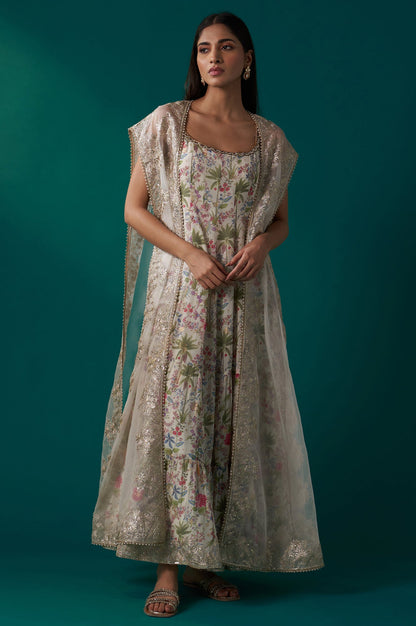 White Floral Printed Anarkali Dress and Embroidered Organza Cape Set