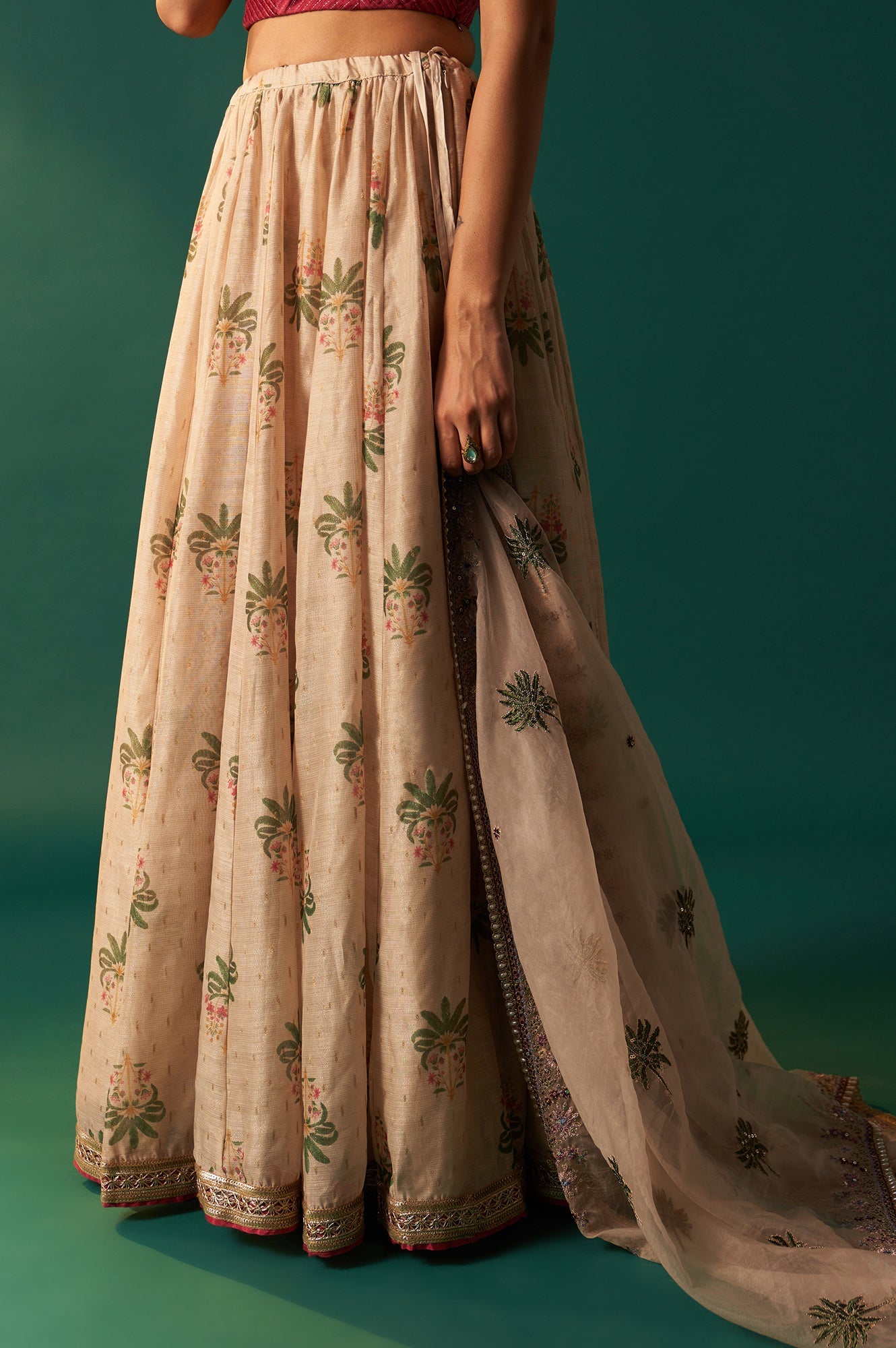 Pink Bead Work Pintuck Blouse with Jacquard Skirt and Dupatta Set