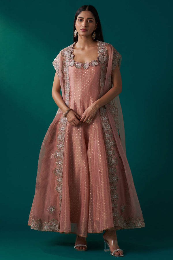 Peach Heavy Embroidered Tissue Cape and Anarkali Dress Set