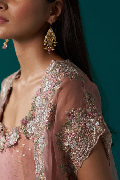 Peach Heavy Embroidered Tissue Cape and Anarkali Dress Set