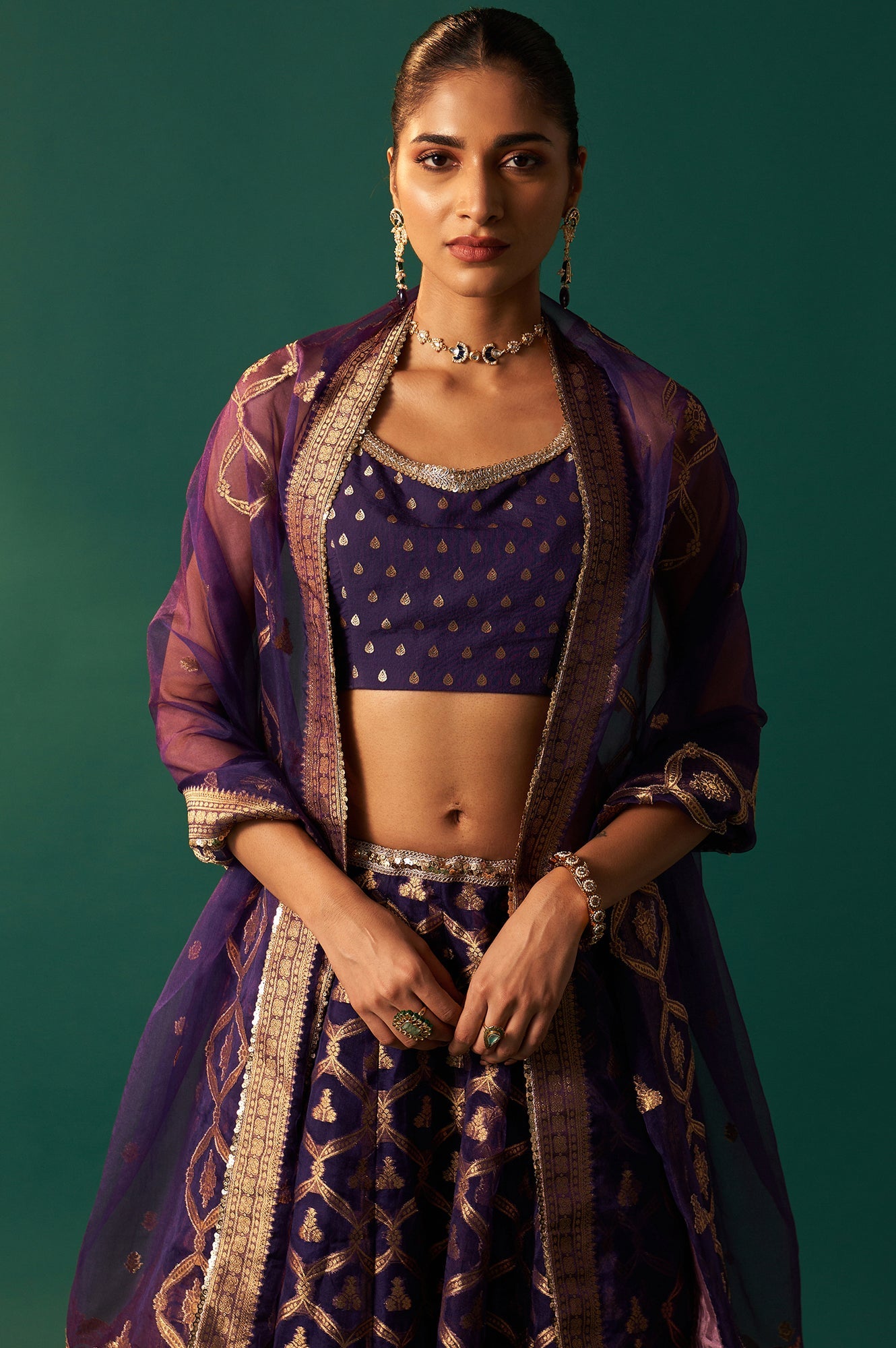 Purple Zari Embroidered Jacquard Blouse with Flared Skirt and Dupatta Set
