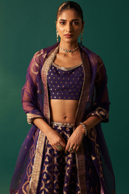 Purple Zari Embroidered Jacquard Blouse with Flared Skirt and Dupatta Set
