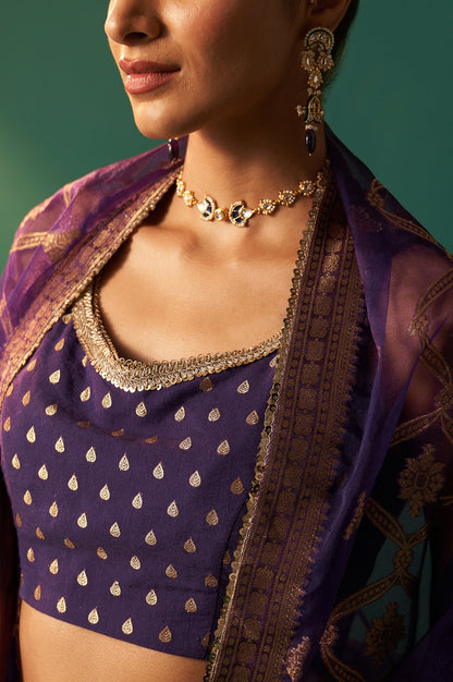 Purple Zari Embroidered Jacquard Blouse with Flared Skirt and Dupatta Set
