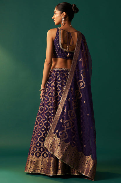 Purple Zari Embroidered Jacquard Blouse with Flared Skirt and Dupatta Set