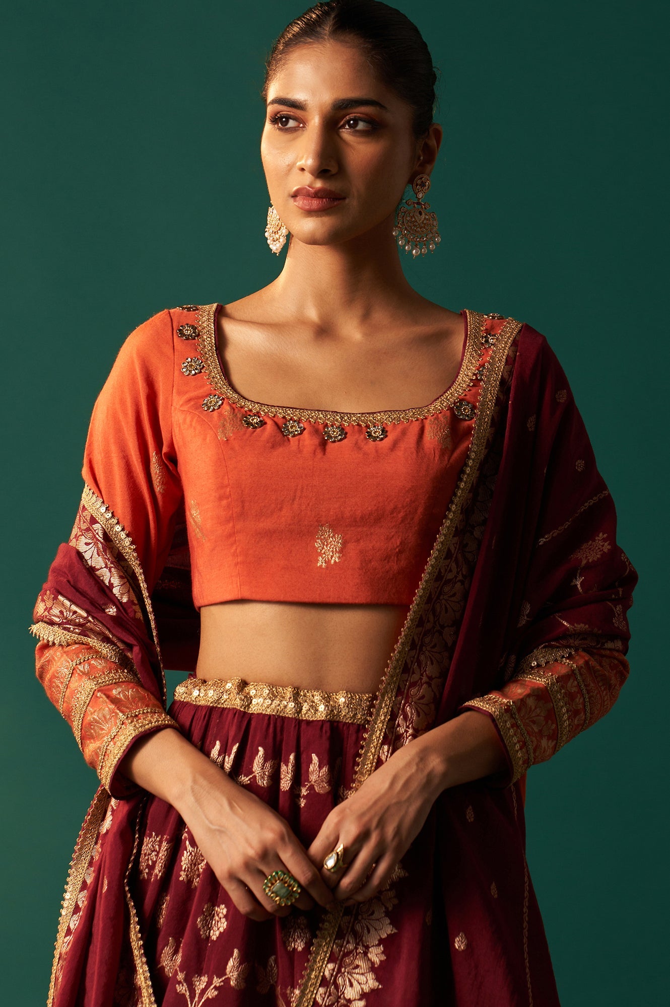 Orange Zari Embroidered Jacquard Blouse with Flared Maroon Skirt and Dupatta Set