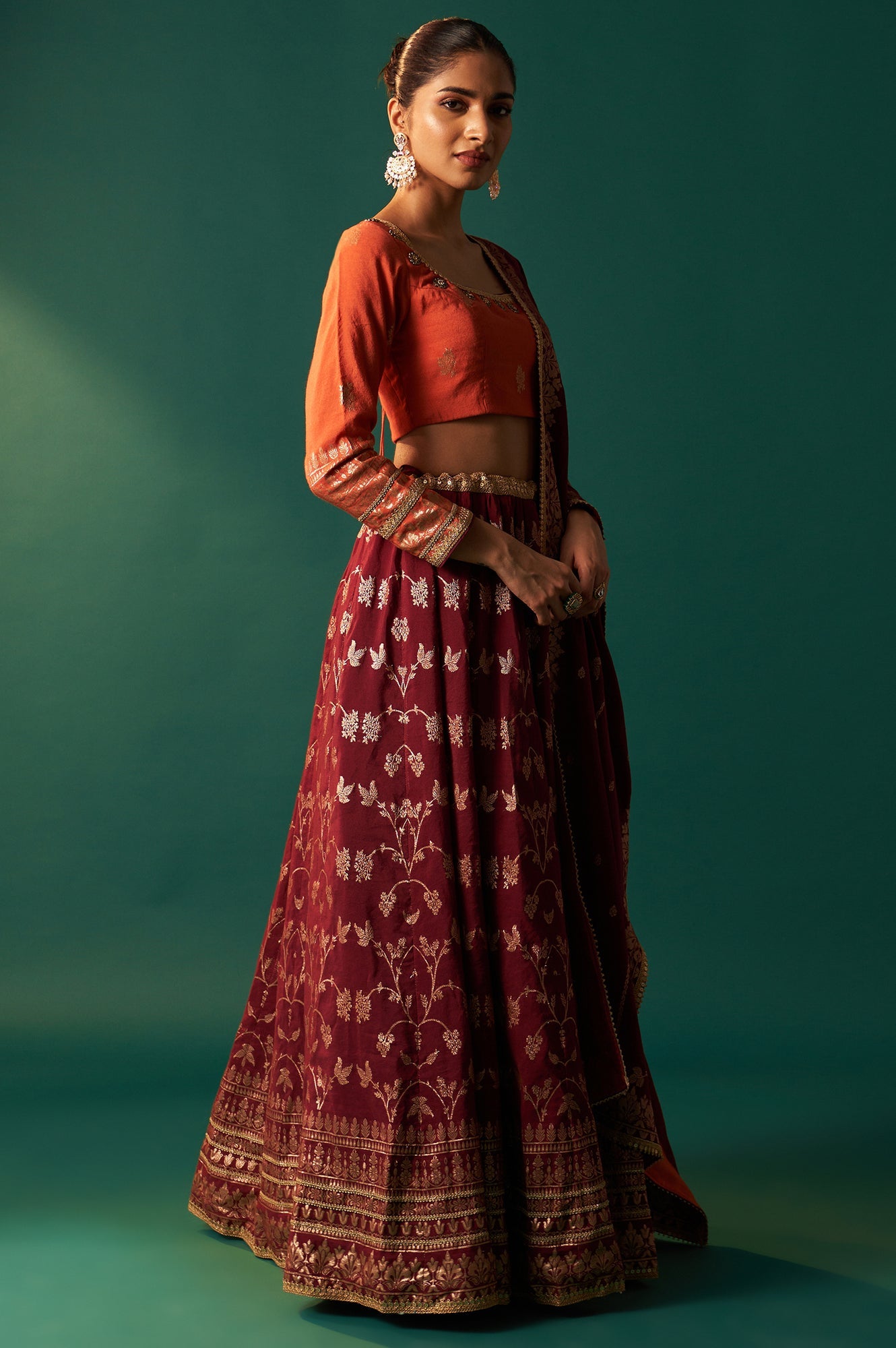 Orange Zari Embroidered Jacquard Blouse with Flared Maroon Skirt and Dupatta Set