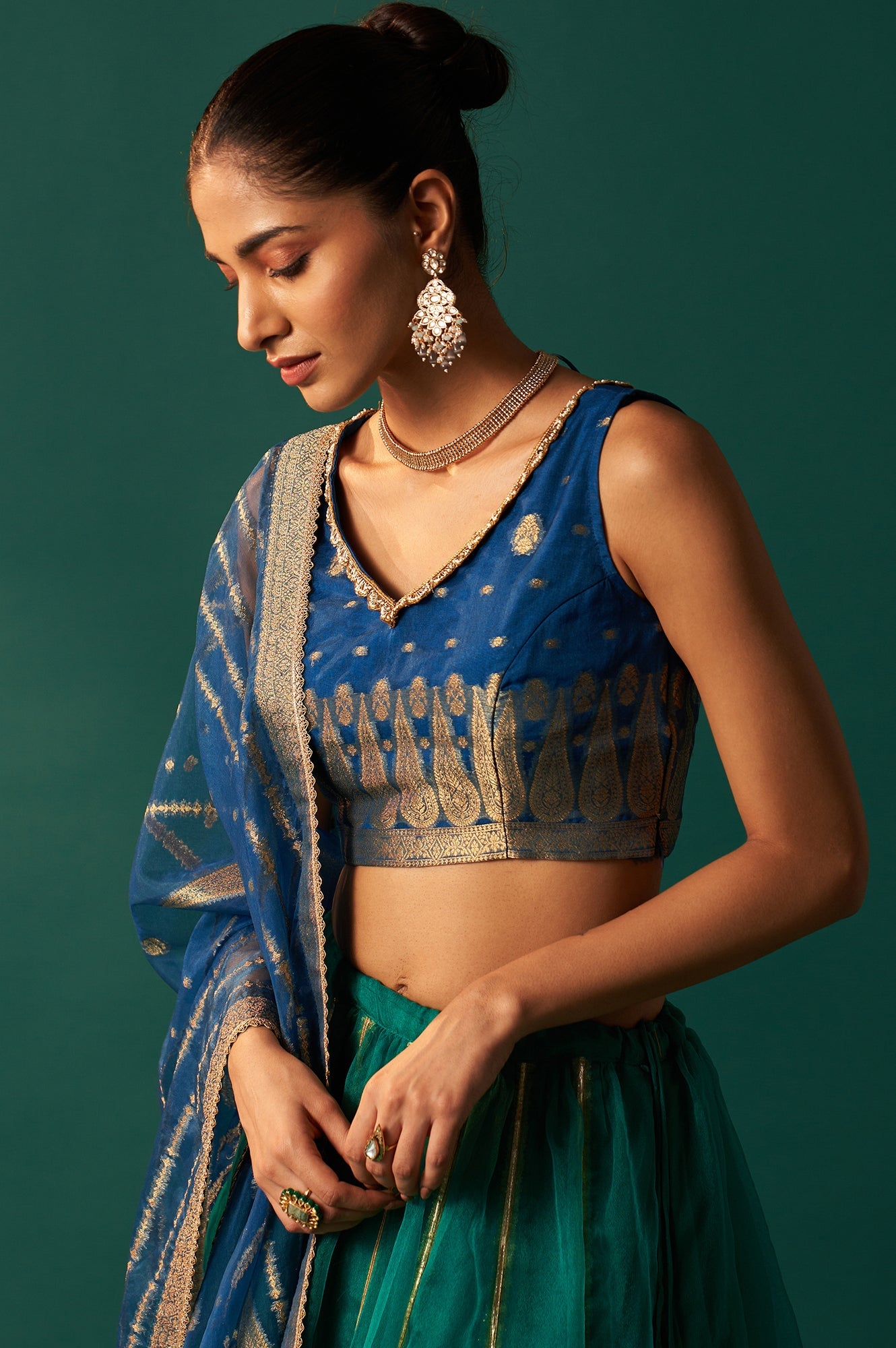 Blue Zari Embroidered Jacquard Blouse with Parrot Green Lehenga and Dupatta Set