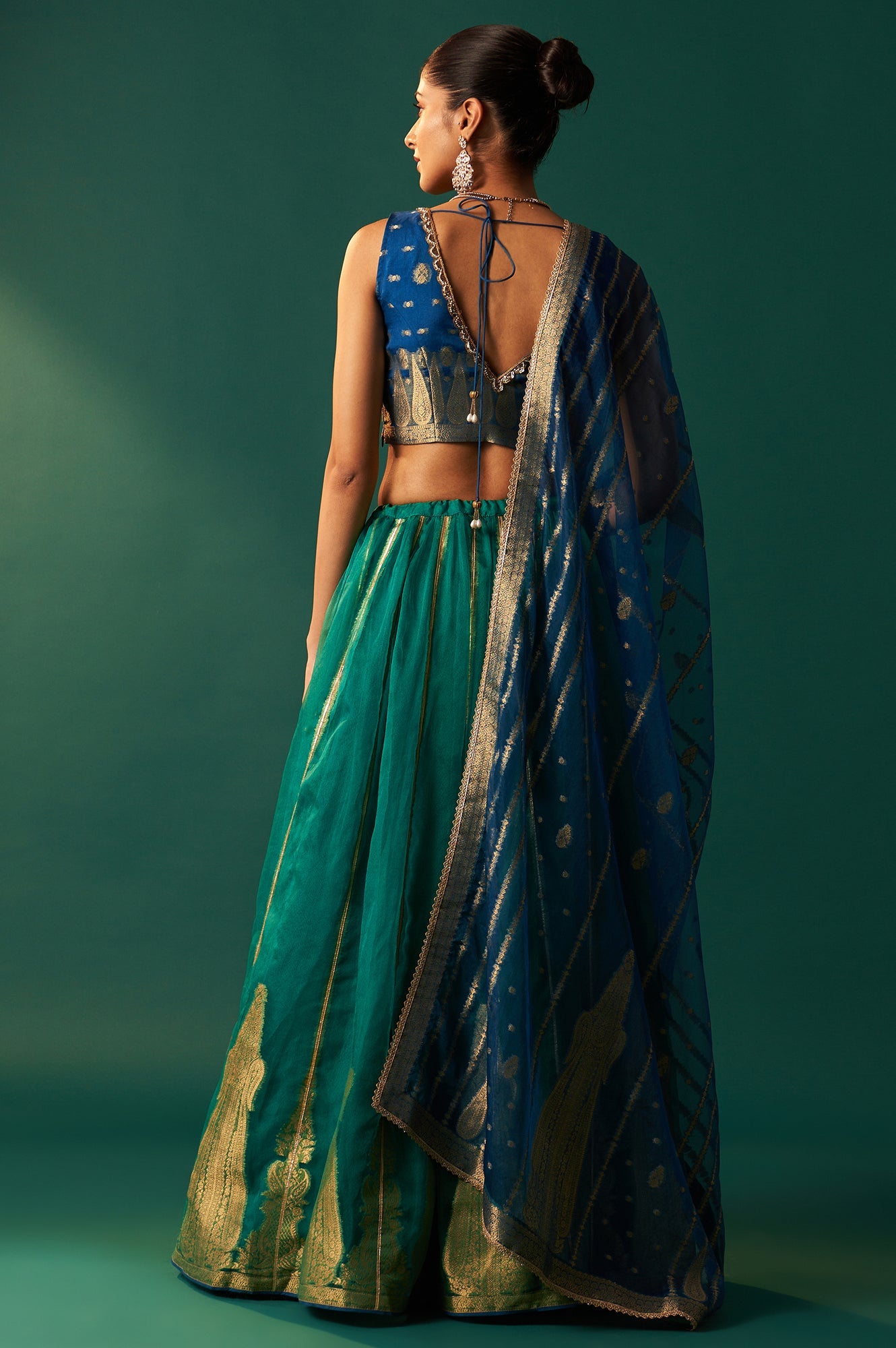 Blue Zari Embroidered Jacquard Blouse with Parrot Green Lehenga and Dupatta Set