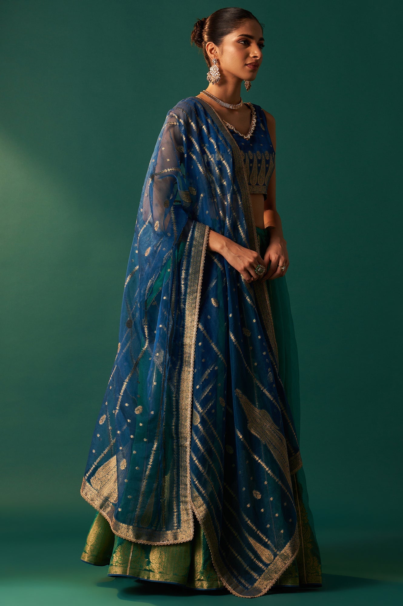Blue Zari Embroidered Jacquard Blouse with Parrot Green Lehenga and Dupatta Set