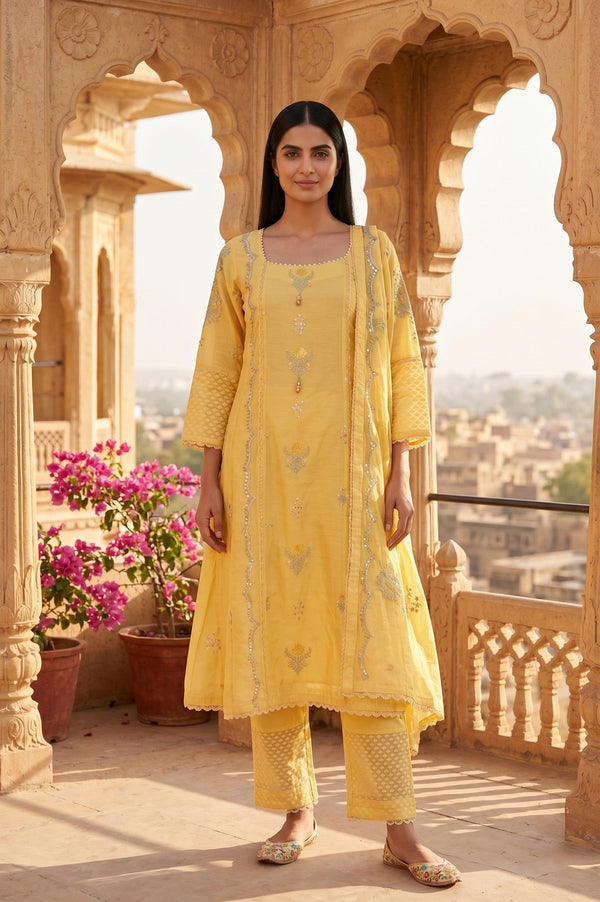Yellow Sequins Embroidered Cotton Chanderi Straight Kurta with Straight Pants and Dupatta Set