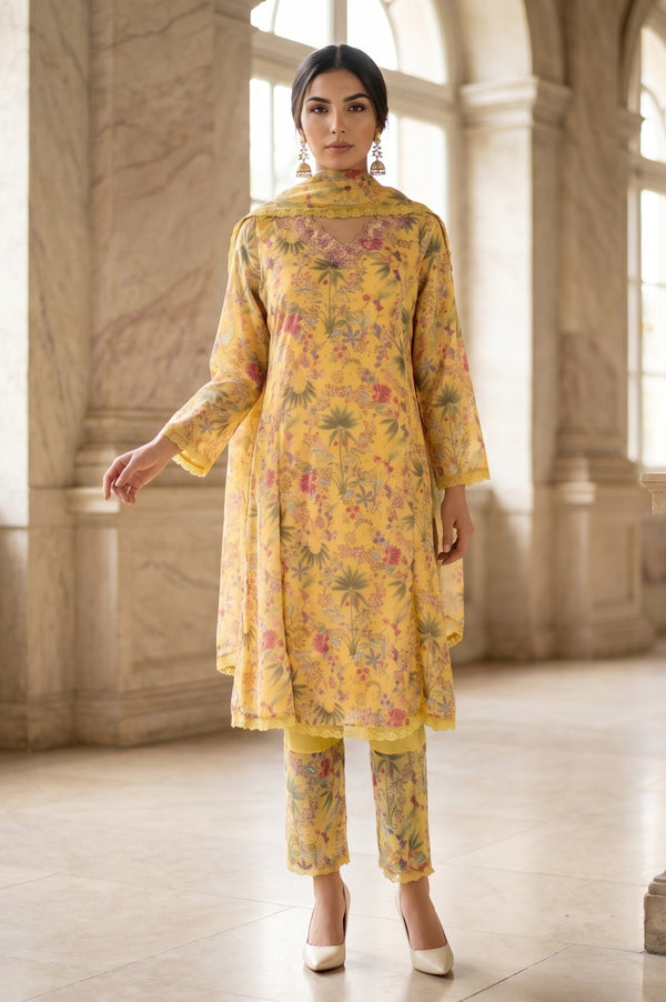 Yellow Floral Printed Organza Flared Kurta with Pants and Dupatta Set