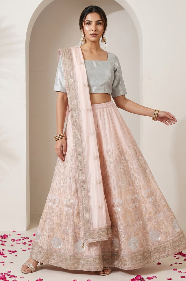Blue and Peach Zari Embroidered Jacquard Blouse and Lehenga Set with Dupatta
