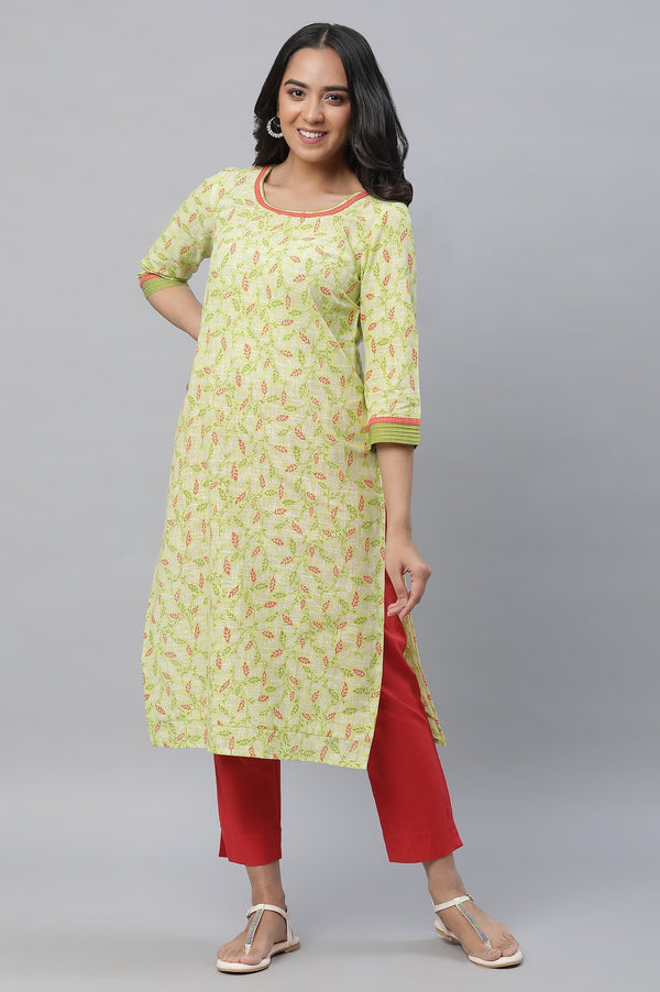 Green Leaf Printed Pure Cotton Straight Kurta and Trouser Set