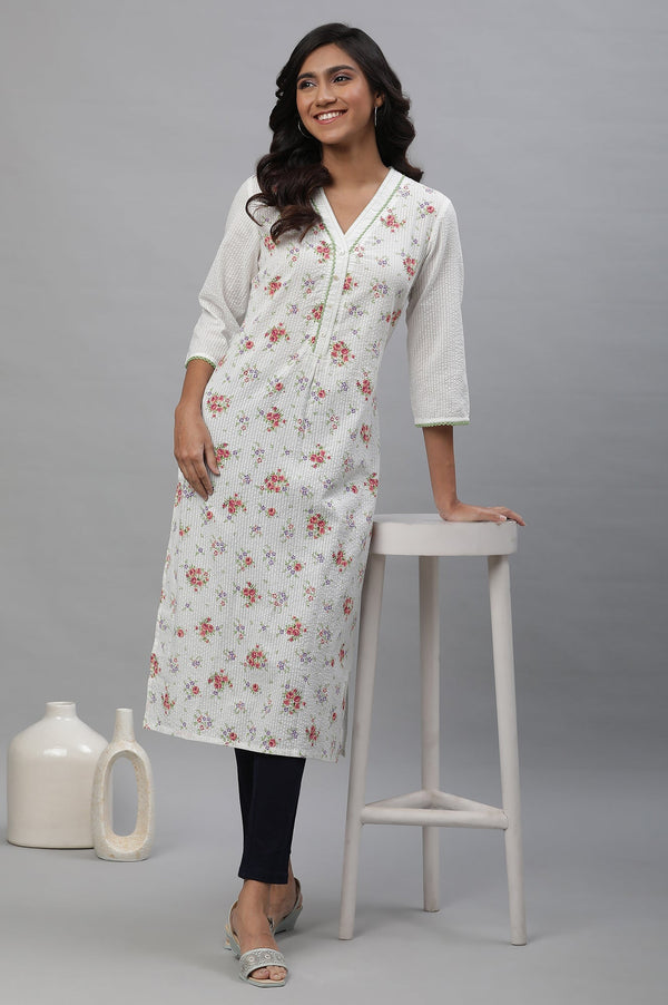 White Floral Printed Textured Cotton Straight Kurta and Jeggings Set