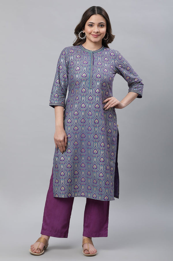 Purple Foil Printed Embellished Straight Kurta and Palazzo Set