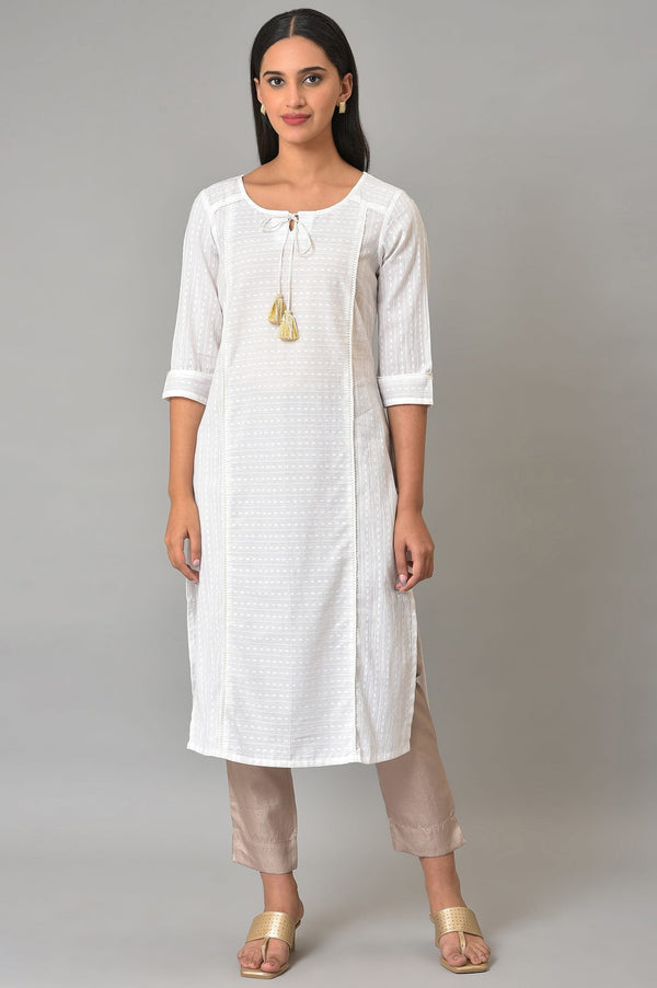 White Textured Rayon Straight Kurta and Palazzo Set