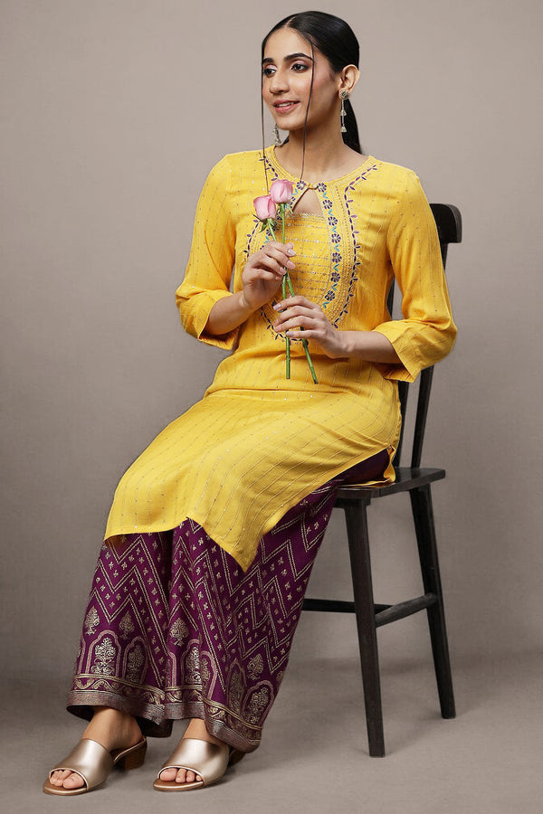 Yellow Metallic Embroidery Viscose Blend Straight Kurta and Palazzo Set