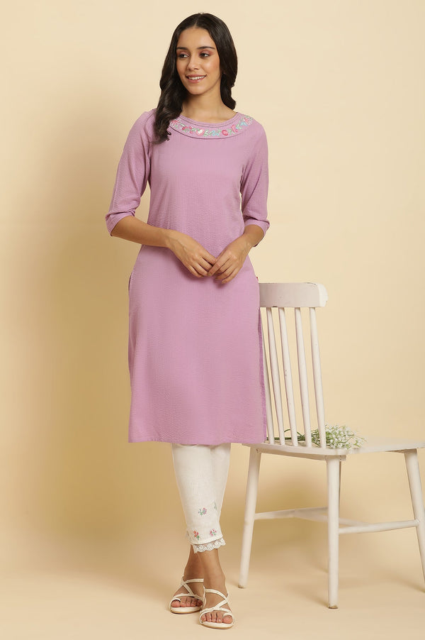 Light Purple Seer Sucker Cotton Embroidered Straight Kurta and Pants Set