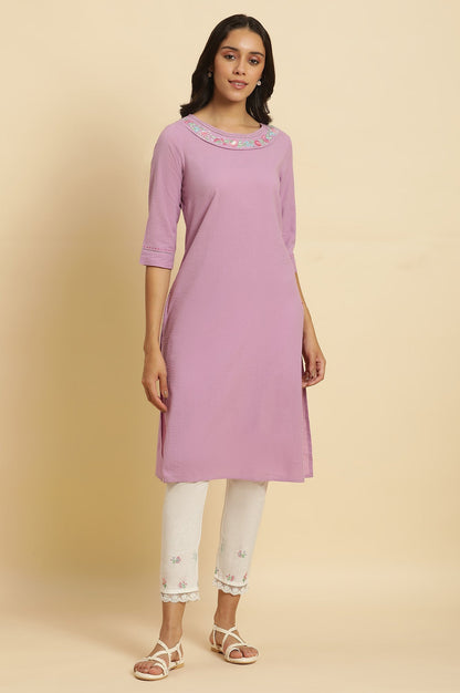 Light Purple Seer Sucker Cotton Embroidered Straight Kurta and Pants Set