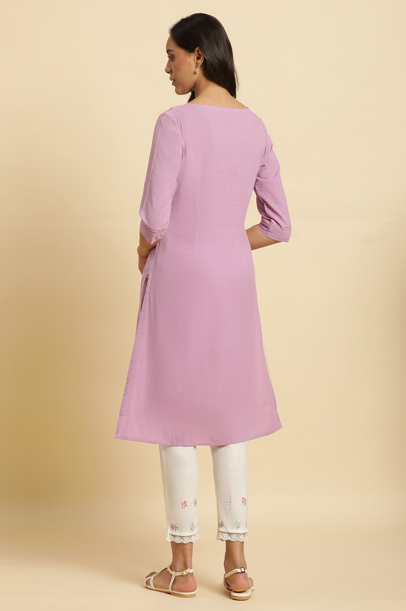 Light Purple Seer Sucker Cotton Embroidered Straight Kurta and Pants Set