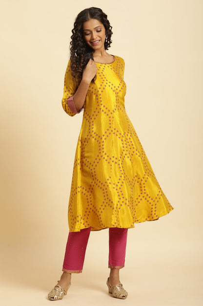 Yellow Geometric Printed Shantung Flared Kurta and Pants Set