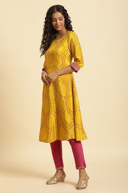 Yellow Geometric Printed Shantung Flared Kurta and Pants Set