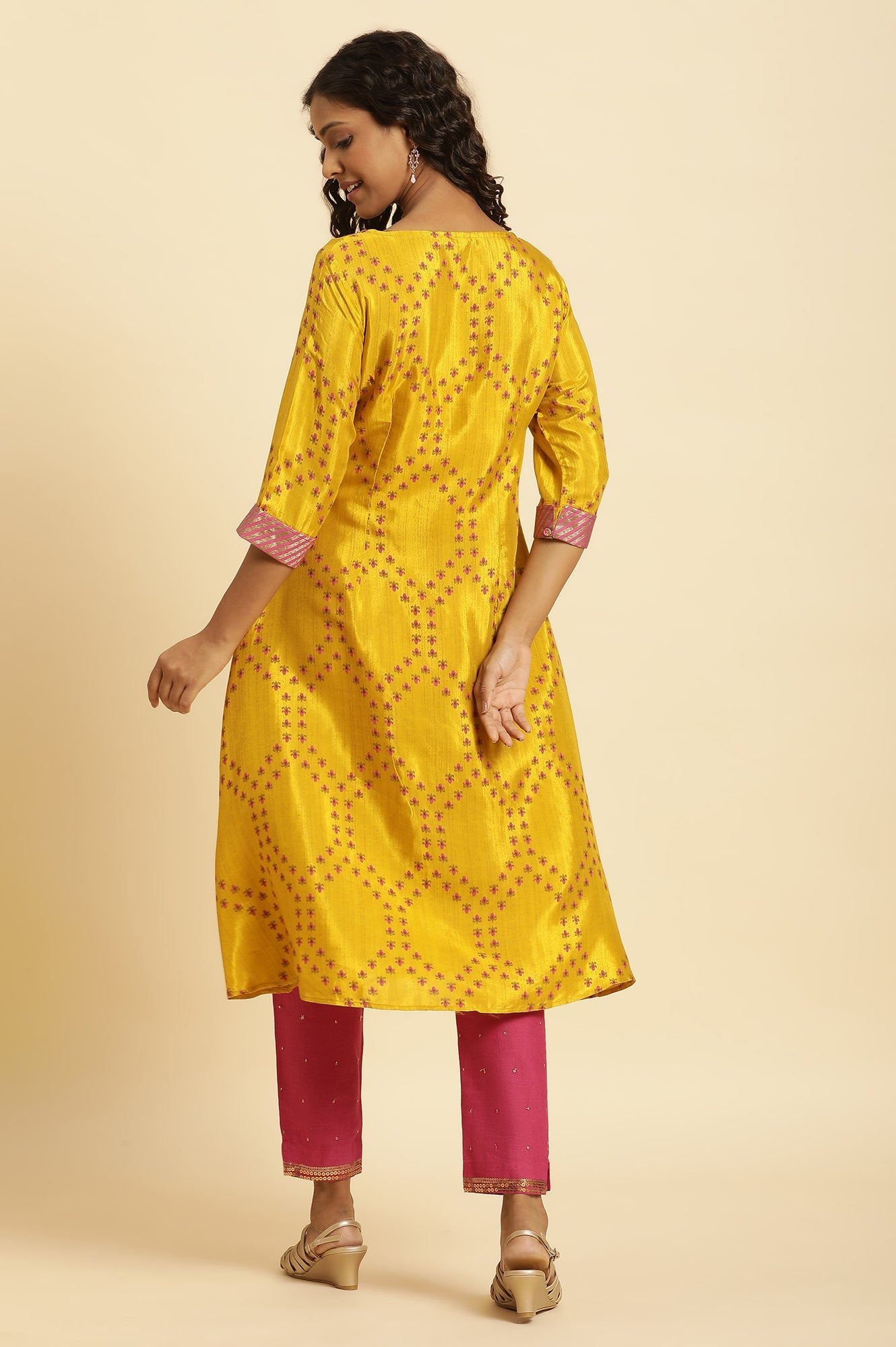 Yellow Geometric Printed Shantung Flared Kurta and Pants Set