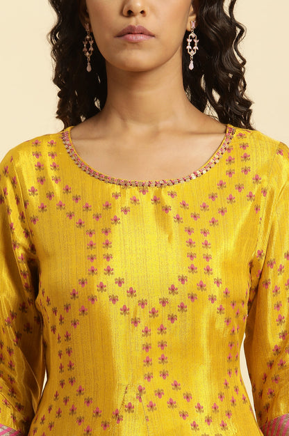 Yellow Geometric Printed Shantung Flared Kurta and Pants Set