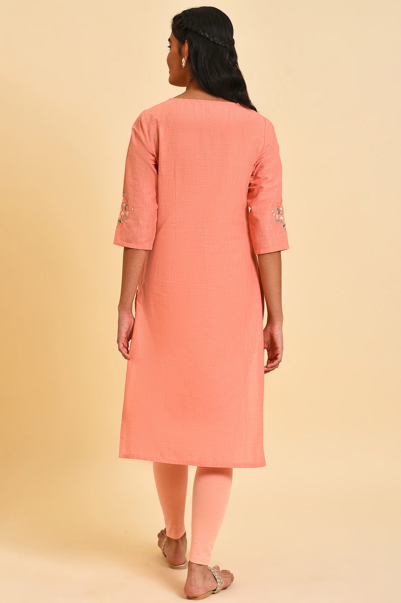 Peach Glitter Printed Pure Cotton Straight Kurta and Leggings Set