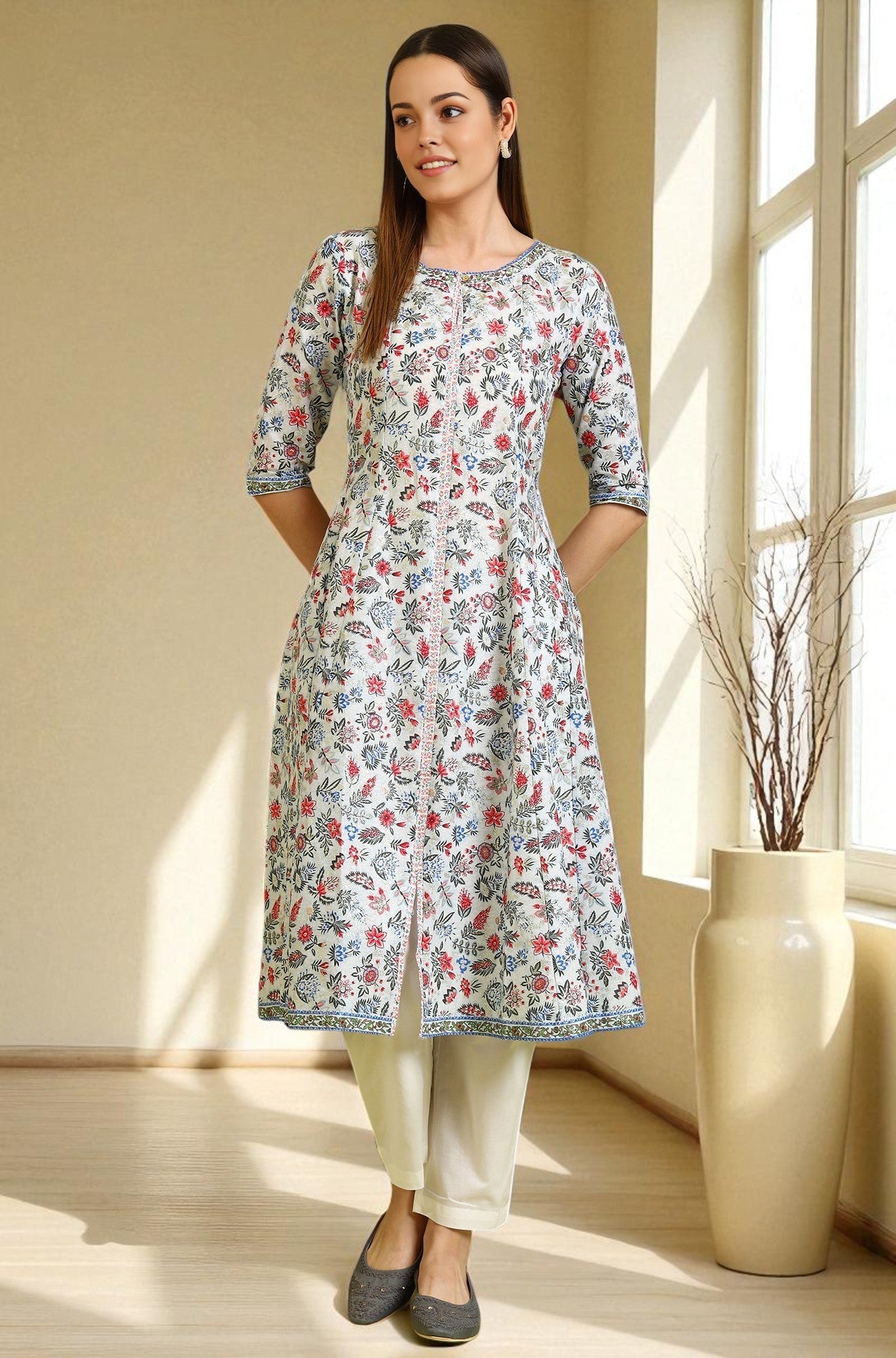 Light Blue Floral Glitter Printed Pure Cotton Anarkali Kurta