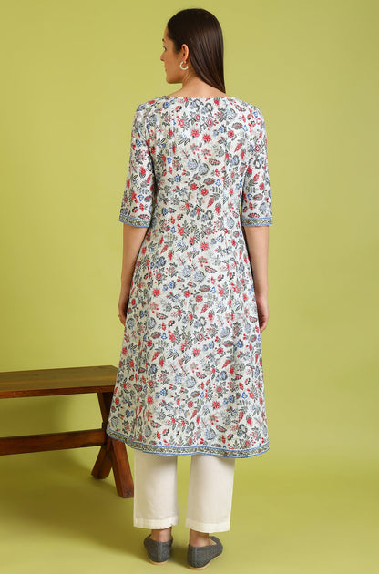 Light Blue Floral Glitter Printed Pure Cotton Anarkali Kurta