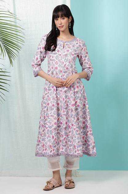 Pink Floral Glitter Printed Pure Cotton Anarkali Kurta