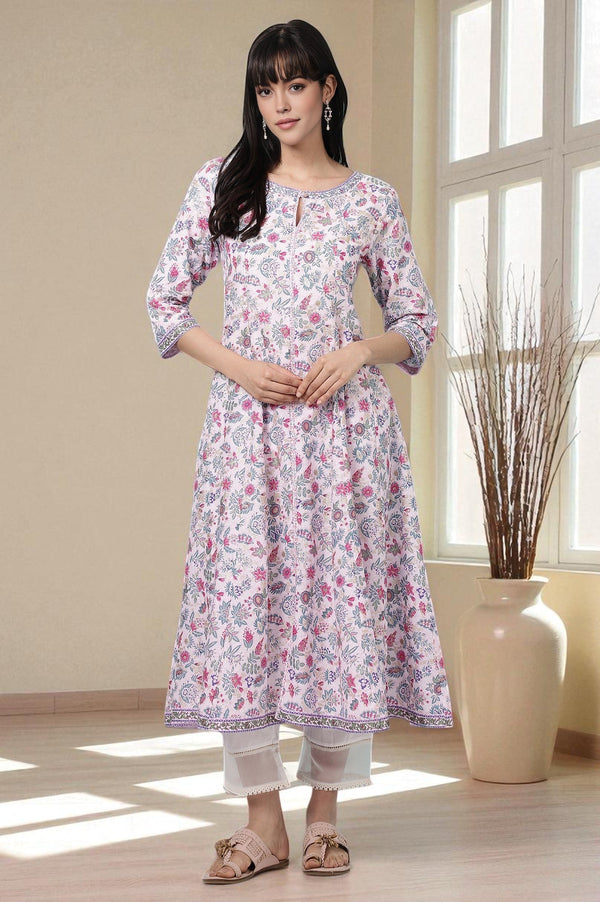 Pink Floral Glitter Printed Pure Cotton Anarkali Kurta
