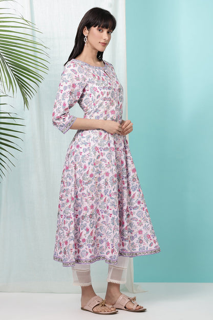 Pink Floral Glitter Printed Pure Cotton Anarkali Kurta