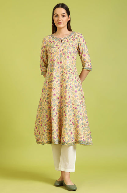 Yellow Floral Glitter Printed Pure Cotton Anarkali Kurta