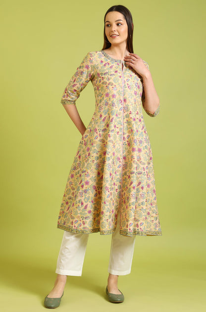 Yellow Floral Glitter Printed Pure Cotton Anarkali Kurta