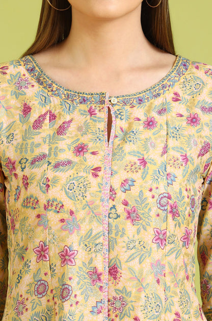 Yellow Floral Glitter Printed Pure Cotton Anarkali Kurta