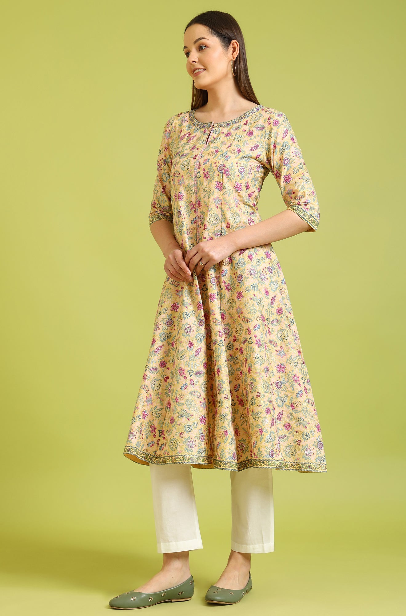 Yellow Floral Glitter Printed Pure Cotton Anarkali Kurta