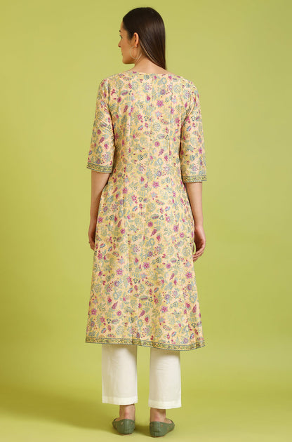 Yellow Floral Glitter Printed Pure Cotton Anarkali Kurta