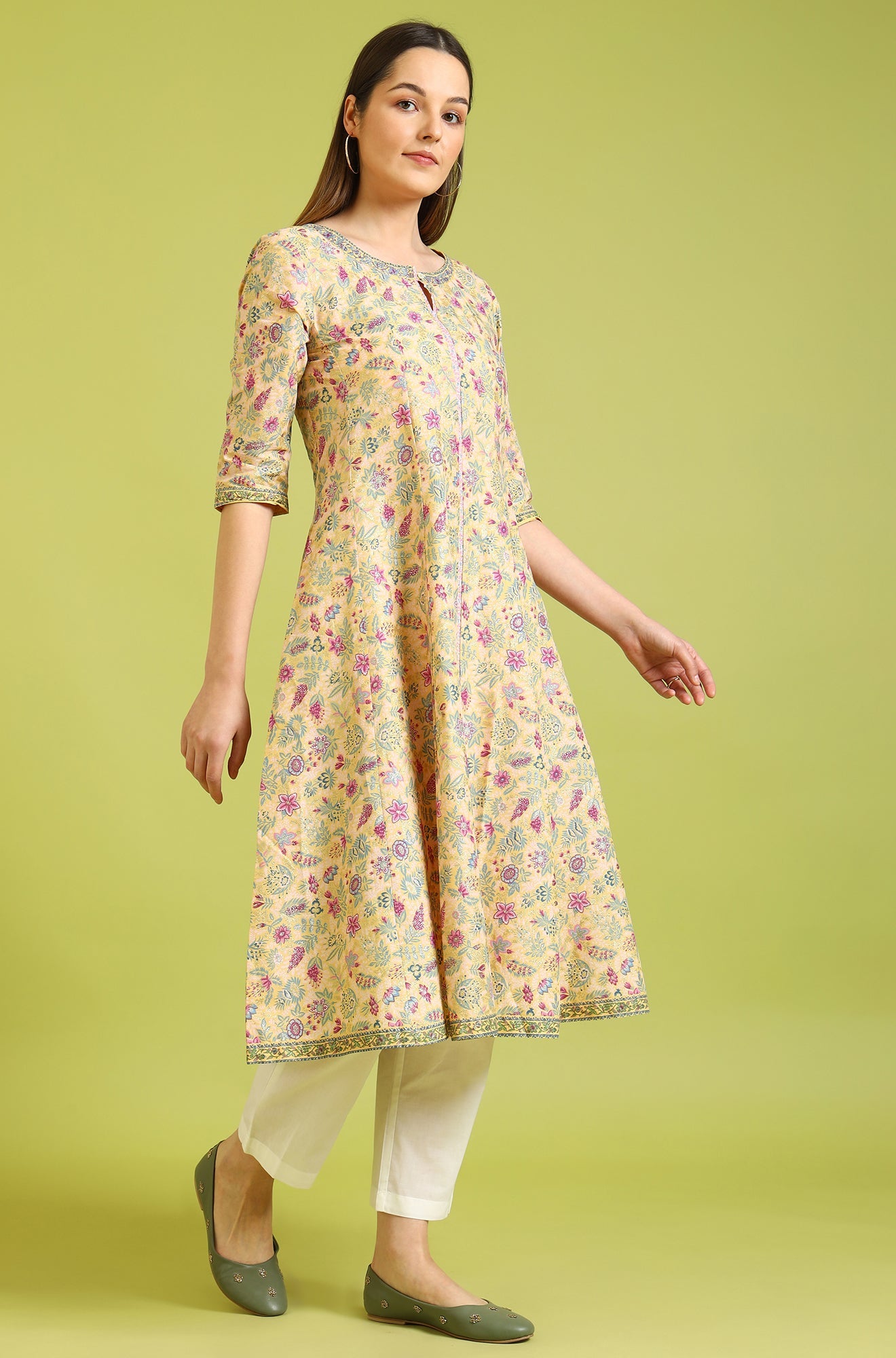 Yellow Floral Glitter Printed Pure Cotton Anarkali Kurta
